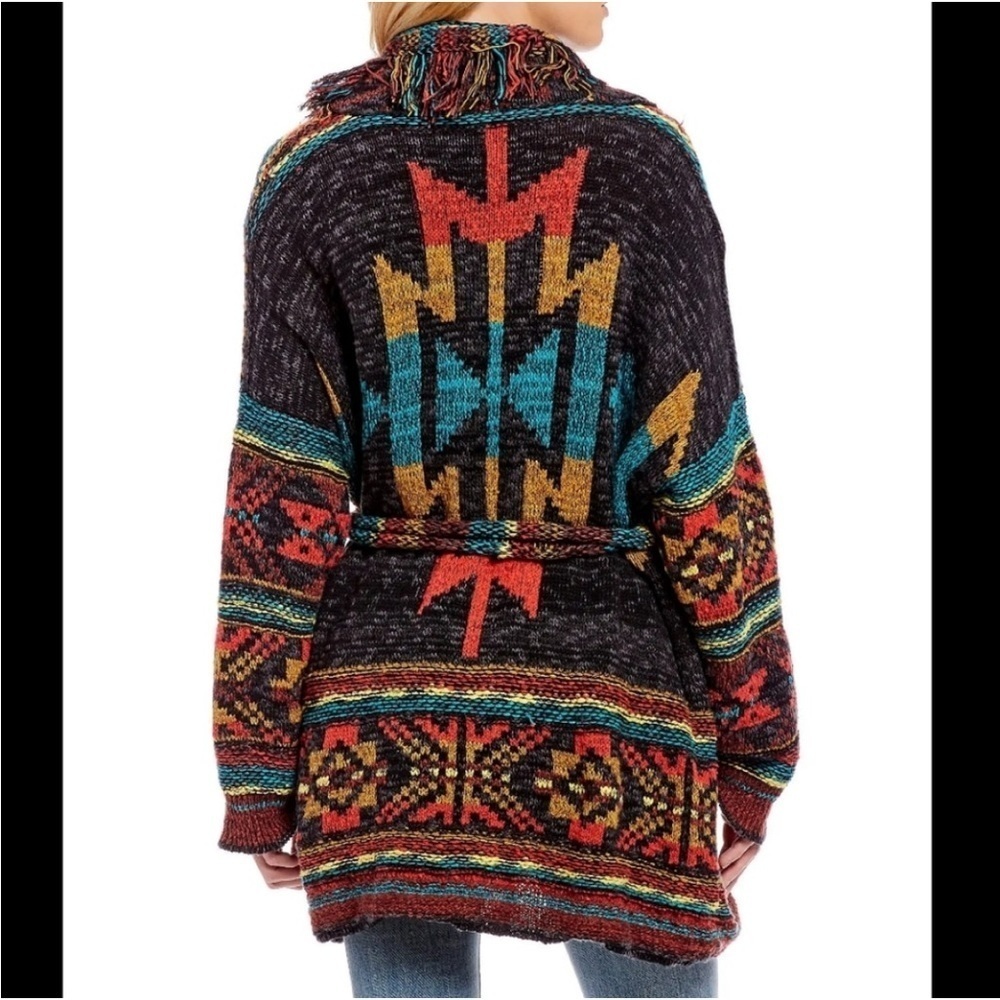 Free People Southwestern Cardigan Duster Jacket Fringe Aztec Size Medium large - Picture 10 of 15
